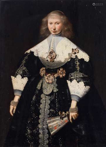 Dirck van Santvoort (attributed to), the three-quarter-length portrait of a well-off lady in a black embroidered dress with white lace collar and sleeves and holding a fan in her hand, the second quarter of the 17thC,...