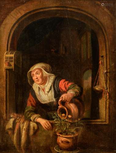 Unsigned (in the manner of Gerrit Dou), the maid watering the plant near the window, 17thC, the Northern Netherlands, oil on an oak panel, 28 x 35 cm