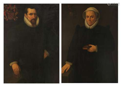No visible signature, a fine pair of pendant portraits of a noble couple, depicting Godefroid de Villenfagne (1550-1618), 'Seigneurie foncière de Villers lez Heest', and his wife Catherine Grosfant (?), 19thC copies i...