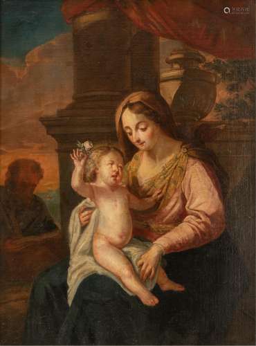 No visible signature, the Madonna holding the Holy Child, accompanied by an Evangelist in the background, late 17thC, oil on canvas, 57 x 76 cm