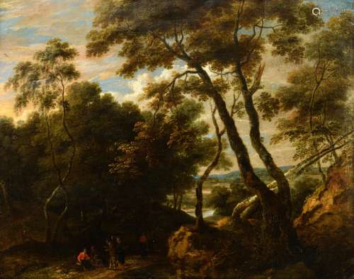 No visible signature, resting figures in the Sonian Forest, in the manner of Jacques d'Artois (the School of the Sonian Forest), 17thC, oil on copper, 63 x 80 cm