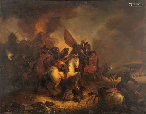 No visible signature, the heat of the battle, 19thC, oil on panel, 62 x 79 cm
