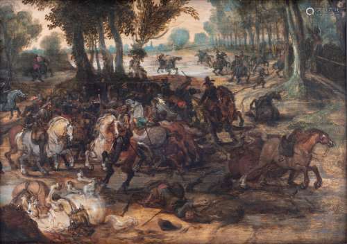 Attributed to/the circle of Vrancx S., a battle scene, oil on panel, 17thC, 25,5 x 36 cm