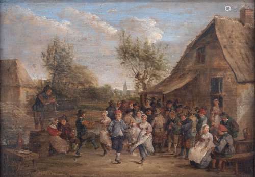 No visible signature, 'The Peasant Wedding', in the manner of David II Teniers, 18thC, oil on an oak panel, 19 x 26 cm