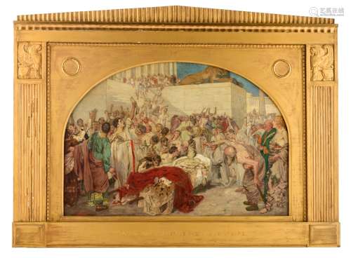 Seuffert R., 'Marc Antonius an der Leiche Julius Cäsars', dated (19)06 (?), oil on canvas in a gilt wooden Art Deco frame, decorated with sphinxes, 81 x 120 cm (the painting) - 110 x 144,5 cm (the frame)