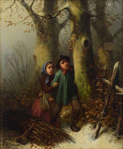 Maröhn F., poor children gathering wood in winter, oil on panel, 25 x 31 cm