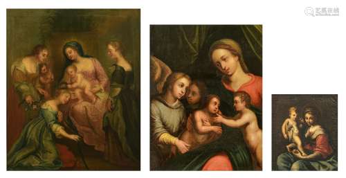 Unsigned, three religious works depicting two scenes with the Madonna holding the Holy Child (in which one Jesus is playing with the young John the Baptist), and the mystic marriage of St. Catherine, oil on canvas and...