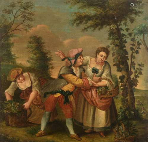No visible signature, a genre painting depicting the harvest, 18th/19thC, oil on canvas, 66 x 69 cm