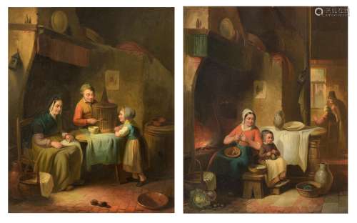 Cantinola, a pair of pendant paintings with genre scenes, one depicting a mother peeling potatoes, the other depicting children feeding the bird, dated (18)59, oil on panel, 33 x 41 cm