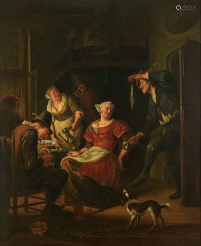 A fine copy after a famous genre painting by Jan Steen (signed 'J. Steen'), 'The Love Proposal', 19thC, oil on a mahogany panel, 72 x 75 cm