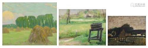 Horenbant J., the laundry tub, oil on canvas, 34 x 45 cm. Added: Montobio G., the haystacks in summer, oil on canvas, 40 x 50 cm. Extra added: Verdegem J., a cloudy landscape, oil on board, 29 x 36 cm, Is possibly sub...