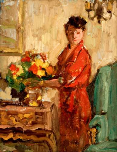 No visible signature, a lady with flowers in an interior, oil on canvas on hardboard, 32 x 40 cm