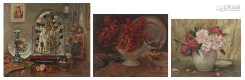 Van de Fackere J., a still life with a so-called 'besloten hofje', silverware and flower decorated dishes, dated 1945, oil on canvas, part of the retrospective: 'Brugse kunstenaars in privaat-bezit', 16.09.1978 - 14.1...