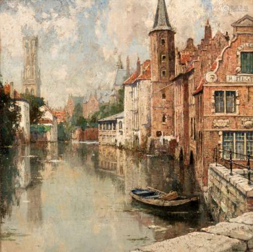 Indistinctly signed (T. Haddessier...?), a view on the Quay of the Rosary in Bruges, oil on cardboard 56 x 56 cm