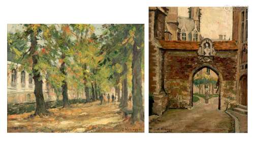 Verbrugghe Ch., a view on the gate at Gruuthuse in Bruges, oil on triplex, 36 x 46 cm. Added: Verbrugghe R., 'De Dijver' in Bruges, oil on hardboard, 40 x 50 cm, Is possibly subject of the SABAM legislation / consult ...