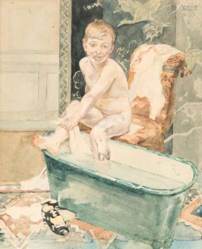 No visible signature, attributed to Cluysenaar A., a boy in the bathtub, pencil and watercolour on paper, 26 x 32 cm