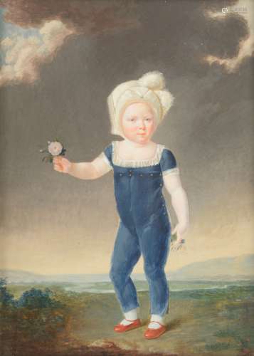 No visible signature, a child holding a flower, late 18thC / early 19thC, watercolour on cardboard, 19,5 x 27 cm