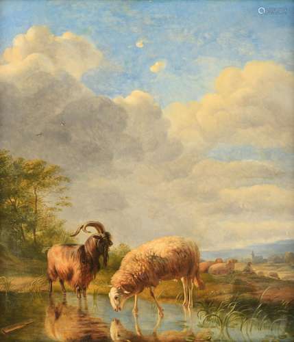 Ommeganck B., the shepherd and his resting flock near the pond, oil on an oak panel, 36 x 40,5 cm