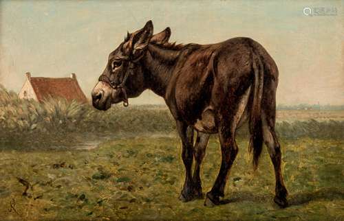 Monogrammed Louis Robbe, a donkey in the meadow, dated (18)77, oil on canvas with a wax seal mark of the artist to the back, 29 x 45 cm