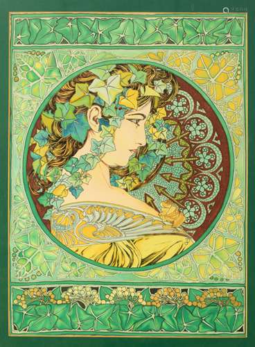 Monogrammed J.D., an Art Nouveau work of the profile medallion portrait of a beauty surrounded by floral motifs, watercolour on silk, 55 x 67 cm