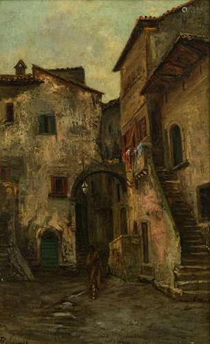 T'Scharner T., the narrow streets of an Oriental town, in the manner of the Orientalist art, oil on canvas, 33,5 x 54,5 cm