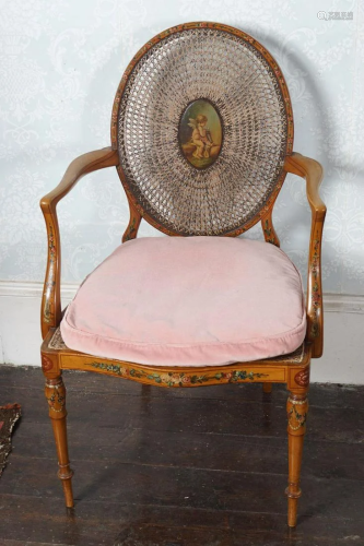 PAIR OF SATINWOOD AND PAINTED BERGERE ARM CHAIRS
