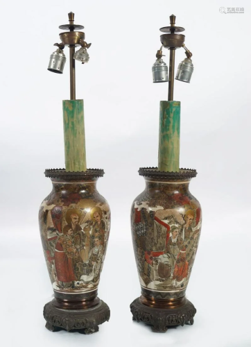 PAIR OF JAPANESE SATSUMA VASE STEMMED LAMPS