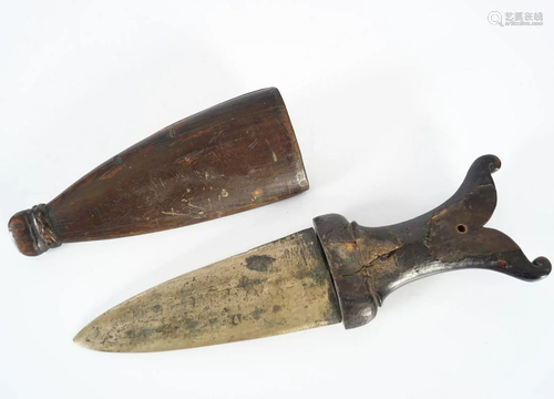 EARLY BRONZE DAGGER WITH HORN HILT AND SCABBARD