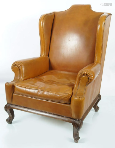 PAIR OF EDWARDIAN HIDE WING ARMCHAIRS