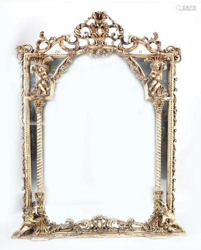 LARGE CHERUB MOUNTED OVERMANTLE MIRROR