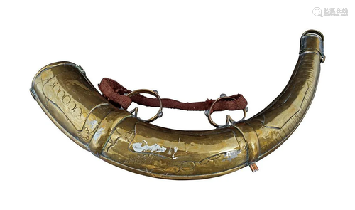 PERSIAN BRASS & SILVER INLAID POWDER HORN