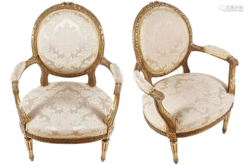 PAIR OF LOUIS XVI CARVED GILT WOOD SALON CHAIRS