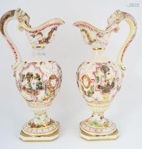 PAIR OF CAPODIMONTE EWERS