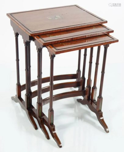 EDWARDIAN MAHOGANY AND PAINTED NEST OF 3 TABLES