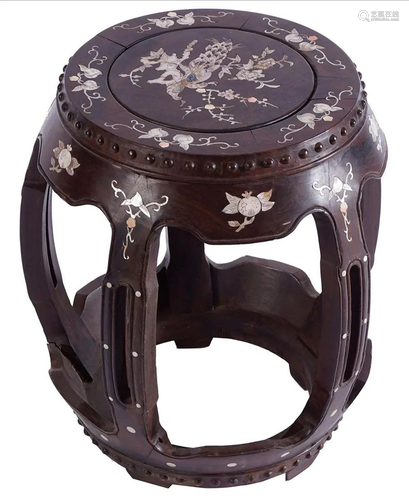 19TH-CENTURY CHINESE HARDWOOD AND INLAID STOOL