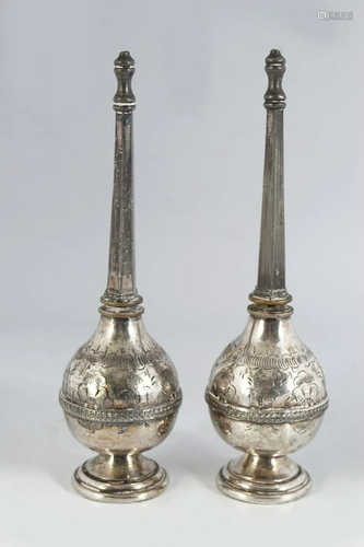 PAIR OF ISLAMIC SILVER ROSE WATER BOTTLES