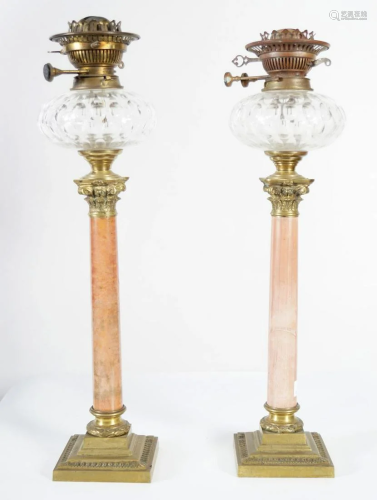PAIR OF 19TH-CENTURY BRASS AND MARBLE OIL LAMPS
