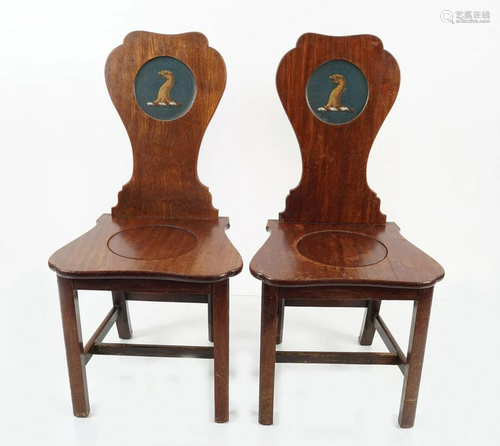 PAIR OF GEORGE III PERIOD ARMORIAL HALL CHAIRS