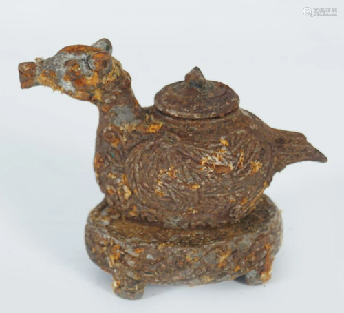 EARLY CAST IRON TEAPOT ON STAND