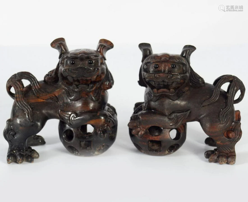 PAIR OF CHINESE QING HARDWOOD FOO DOGS