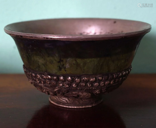 SINO-TIBETAN SILVER AND JADE BOWL