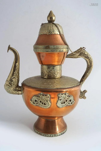 TIBETAN COPPER AND WHITE METAL TEAPOT