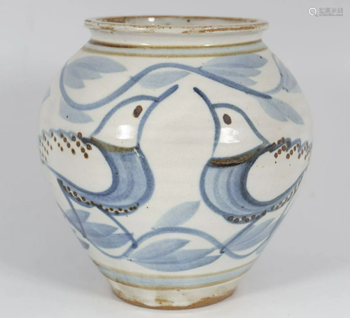 IRISH POTTERY BLUE AND WHITE VASE