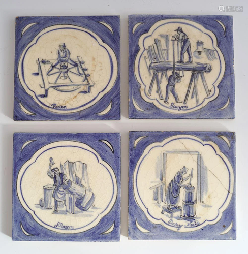 SET OF 4 THEMED BLUE AND WHITE TILES