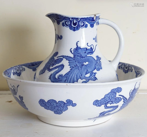 VICTORIAN BLUE AND WHITE JUG AND BOWL