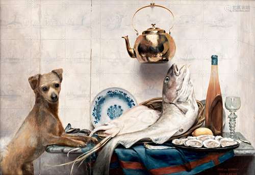 Van Speybrouck E., a still life with fish, oysters and a dog, with inscription and dated 'Bruges 12 jan. 1905', oil on panel, 57 x 80 cm