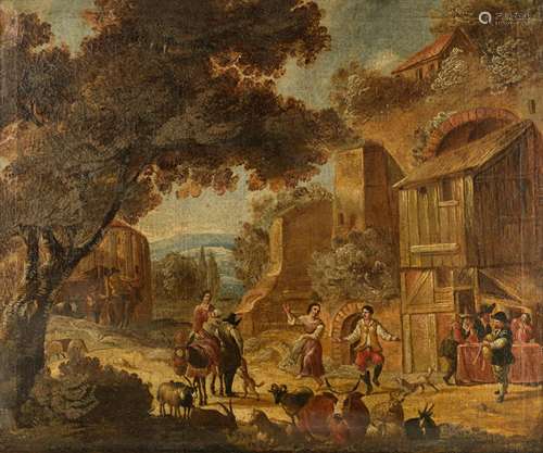 No visible signature, dancing shepherds before an inn, 17thC, oil on canvas, 96 x 115 cm