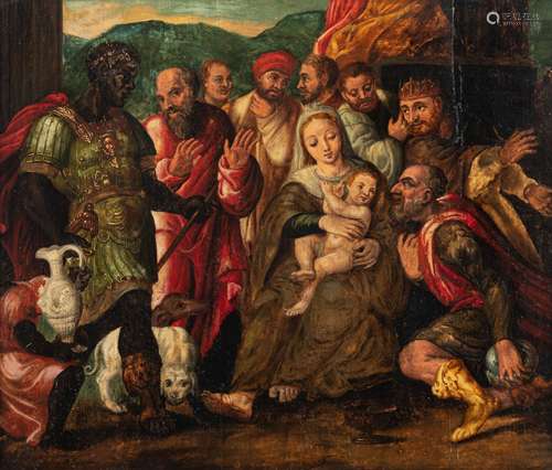 No visible signature, the back with an attribution to Otto Venius (Otto van Veen), 'The Adoration of the Magi', Antwerp Mannerism, ca. 1600, oil on an oak panel, 38 x 45 cm