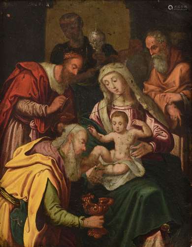 No visible signature, 'The Adoration of the Magi', oil on copper, the copper plate with an Antwerp craft maker's mark of Jan Michielsens at the back, 17thC, 17 x 23 cm