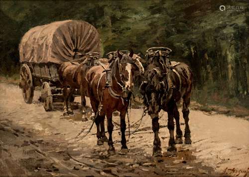 Degreef J., horses pulling the cart, oil on canvas, 36 x 50 cm